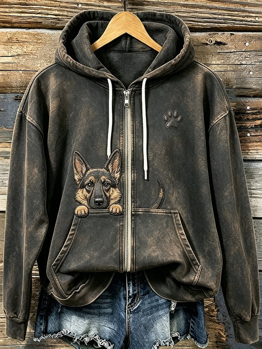 Pastor alemão espreitar bonito das mulheres com Hoodie Zip-Up acolhedor impressão pata