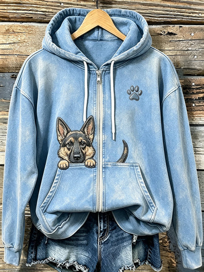 Pastor alemão espreitar bonito das mulheres com Hoodie Zip-Up acolhedor impressão pata