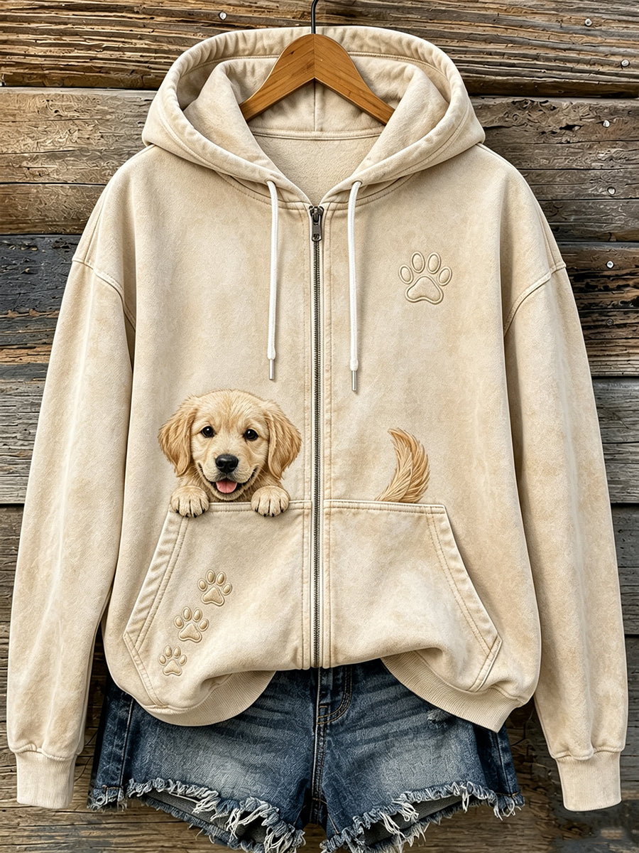 Bonito espreitar dourado Retriever & patas das mulheres imprimir Hoodie Zip-Up acolhedor