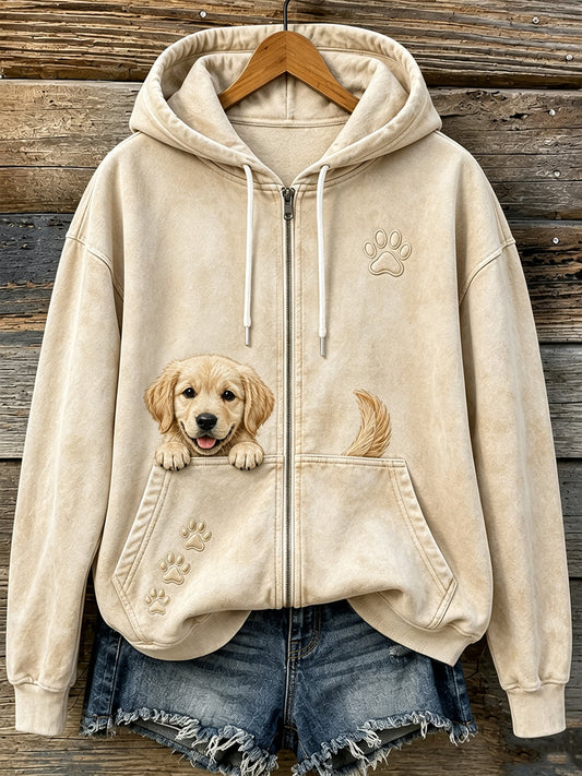 Bonito espreitar dourado Retriever & patas das mulheres imprimir Hoodie Zip-Up acolhedor