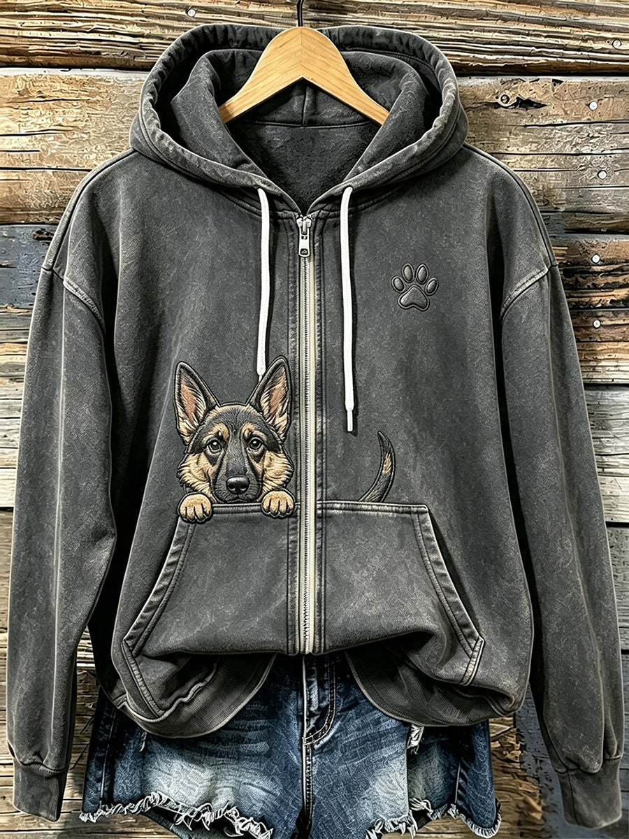 Pastor alemão espreitar bonito das mulheres com Hoodie Zip-Up acolhedor impressão pata