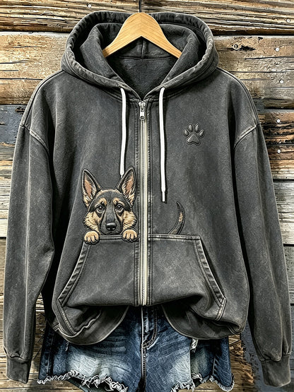 Pastor alemão espreitar bonito das mulheres com Hoodie Zip-Up acolhedor impressão pata