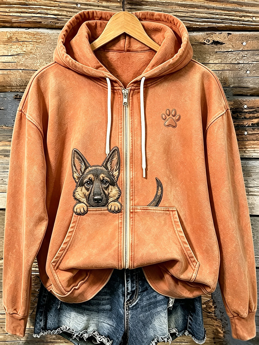 Pastor alemão espreitar bonito das mulheres com Hoodie Zip-Up acolhedor impressão pata
