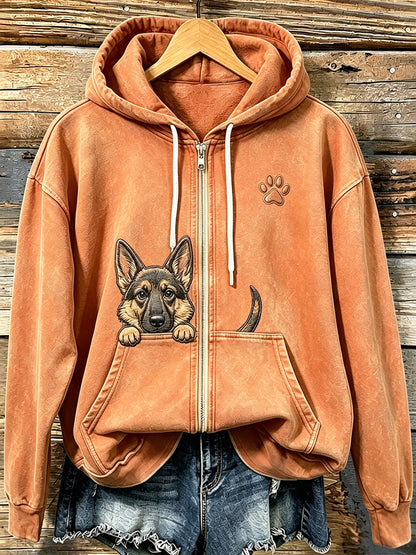 Pastor alemão espreitar bonito das mulheres com Hoodie Zip-Up acolhedor impressão pata