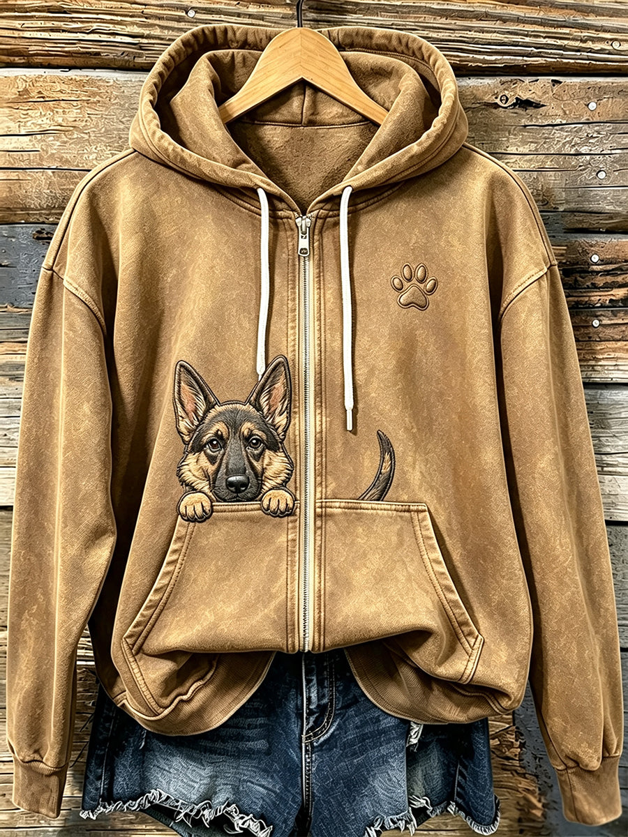 Pastor alemão espreitar bonito das mulheres com Hoodie Zip-Up acolhedor impressão pata