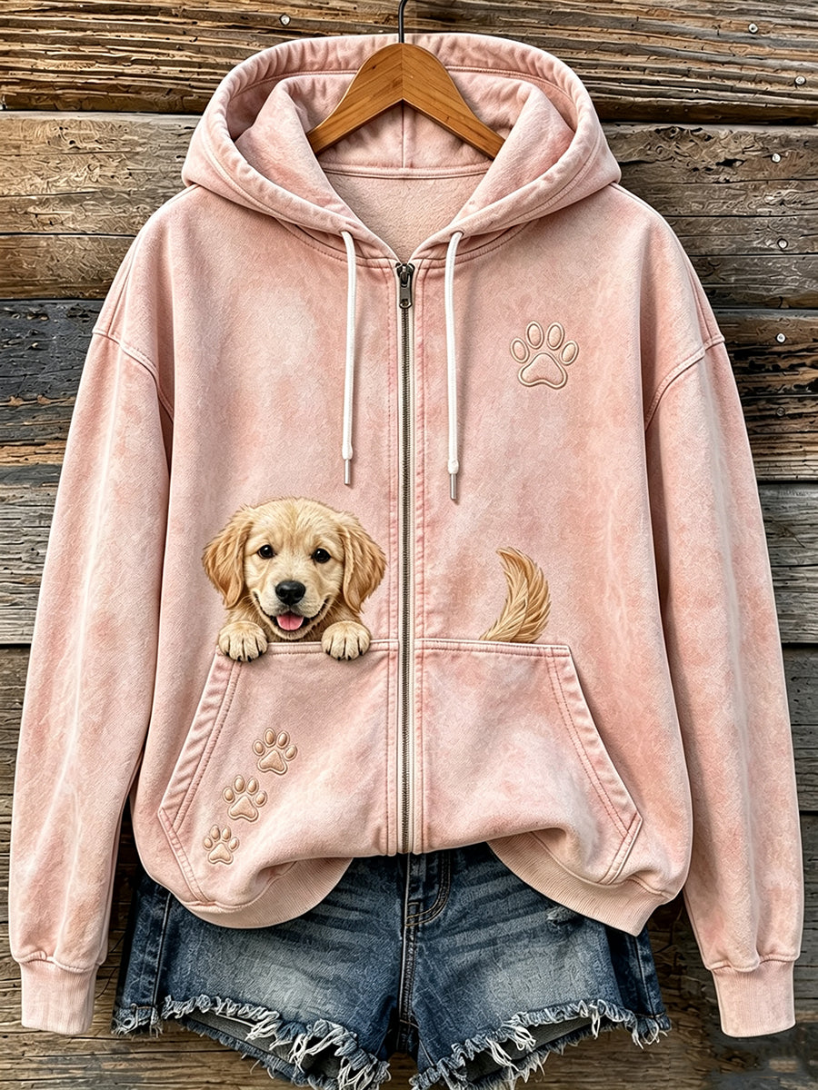 Bonito espreitar dourado Retriever & patas das mulheres imprimir Hoodie Zip-Up acolhedor