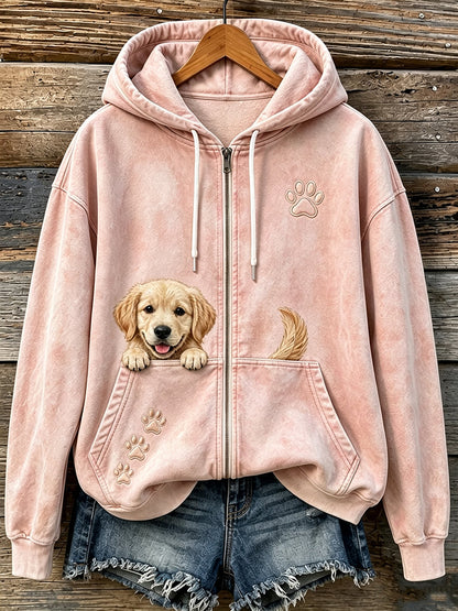 Bonito espreitar dourado Retriever & patas das mulheres imprimir Hoodie Zip-Up acolhedor