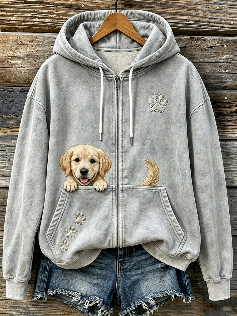 Bonito espreitar dourado Retriever & patas das mulheres imprimir Hoodie Zip-Up acolhedor