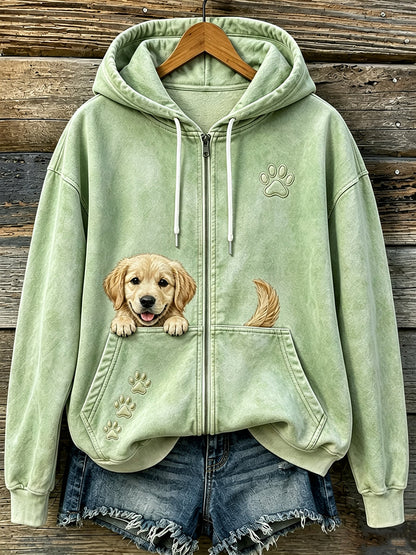 Bonito espreitar dourado Retriever & patas das mulheres imprimir Hoodie Zip-Up acolhedor