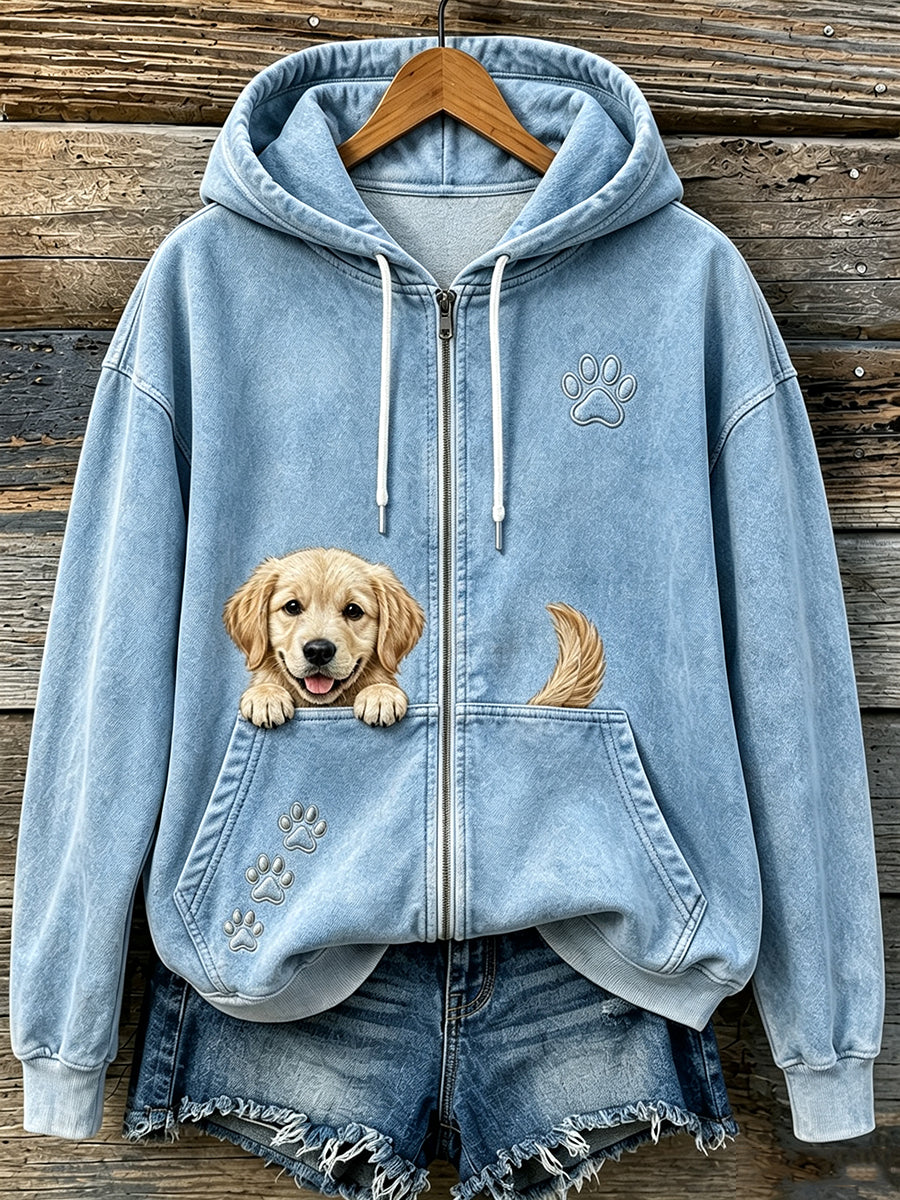 Bonito espreitar dourado Retriever & patas das mulheres imprimir Hoodie Zip-Up acolhedor