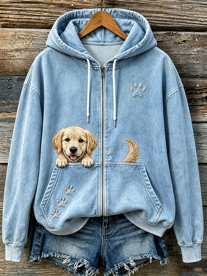 Bonito espreitar dourado Retriever & patas das mulheres imprimir Hoodie Zip-Up acolhedor