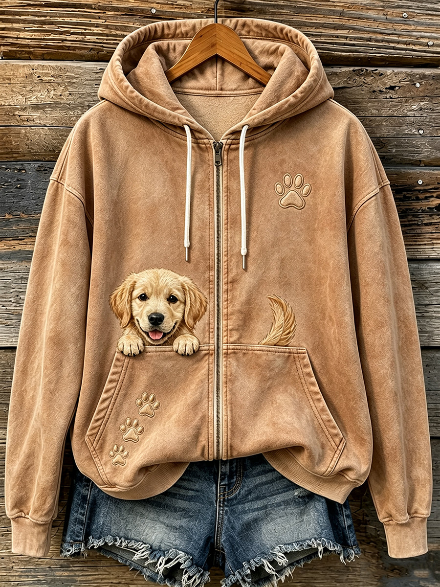 Bonito espreitar dourado Retriever & patas das mulheres imprimir Hoodie Zip-Up acolhedor