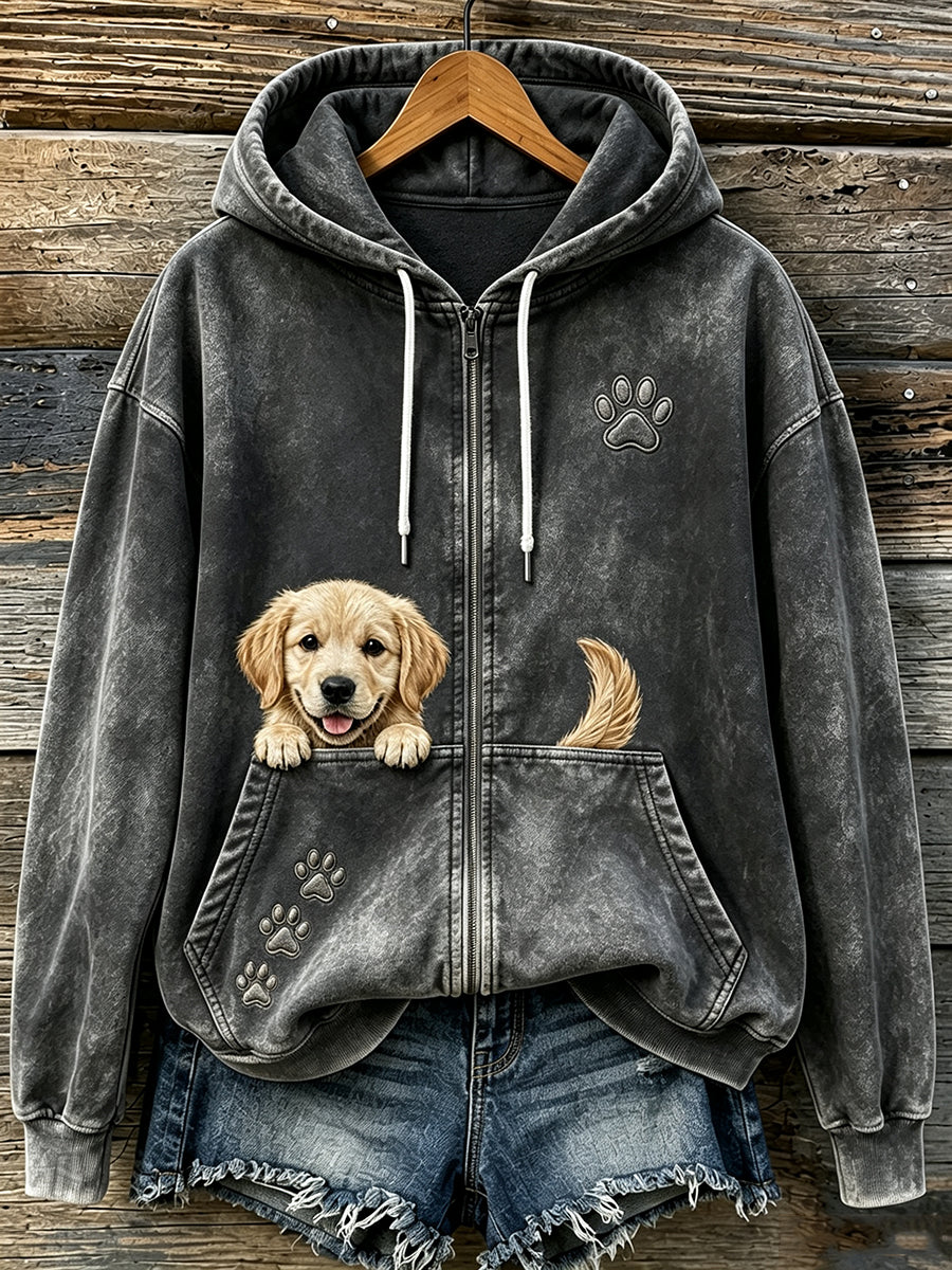 Bonito espreitar dourado Retriever & patas das mulheres imprimir Hoodie Zip-Up acolhedor