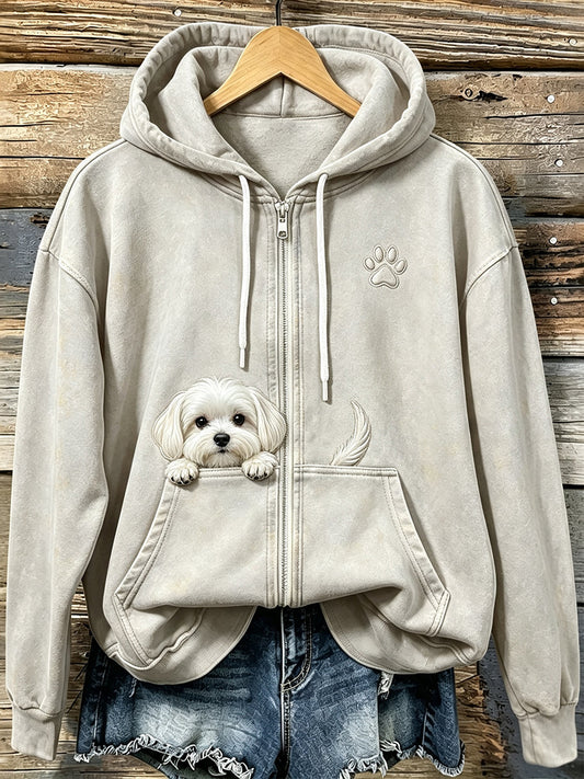 Cão maltês espreitar bonito das mulheres com pata impressão acolhedor Zip-Up Hoodie