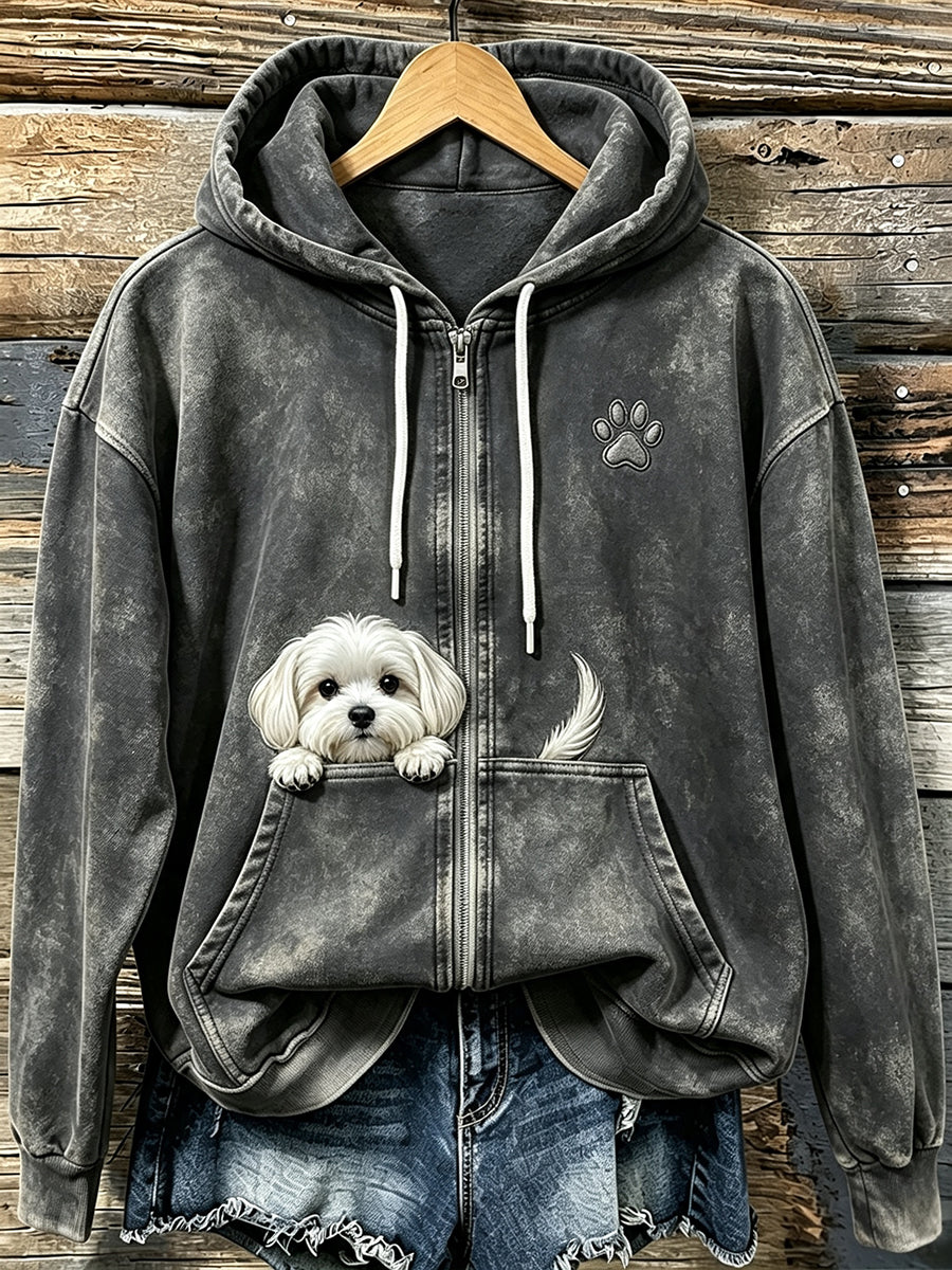 Cão maltês espreitar bonito das mulheres com pata impressão acolhedor Zip-Up Hoodie