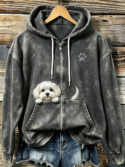 Cão maltês espreitar bonito das mulheres com pata impressão acolhedor Zip-Up Hoodie