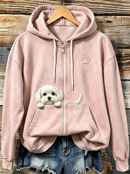 Cão maltês espreitar bonito das mulheres com pata impressão acolhedor Zip-Up Hoodie
