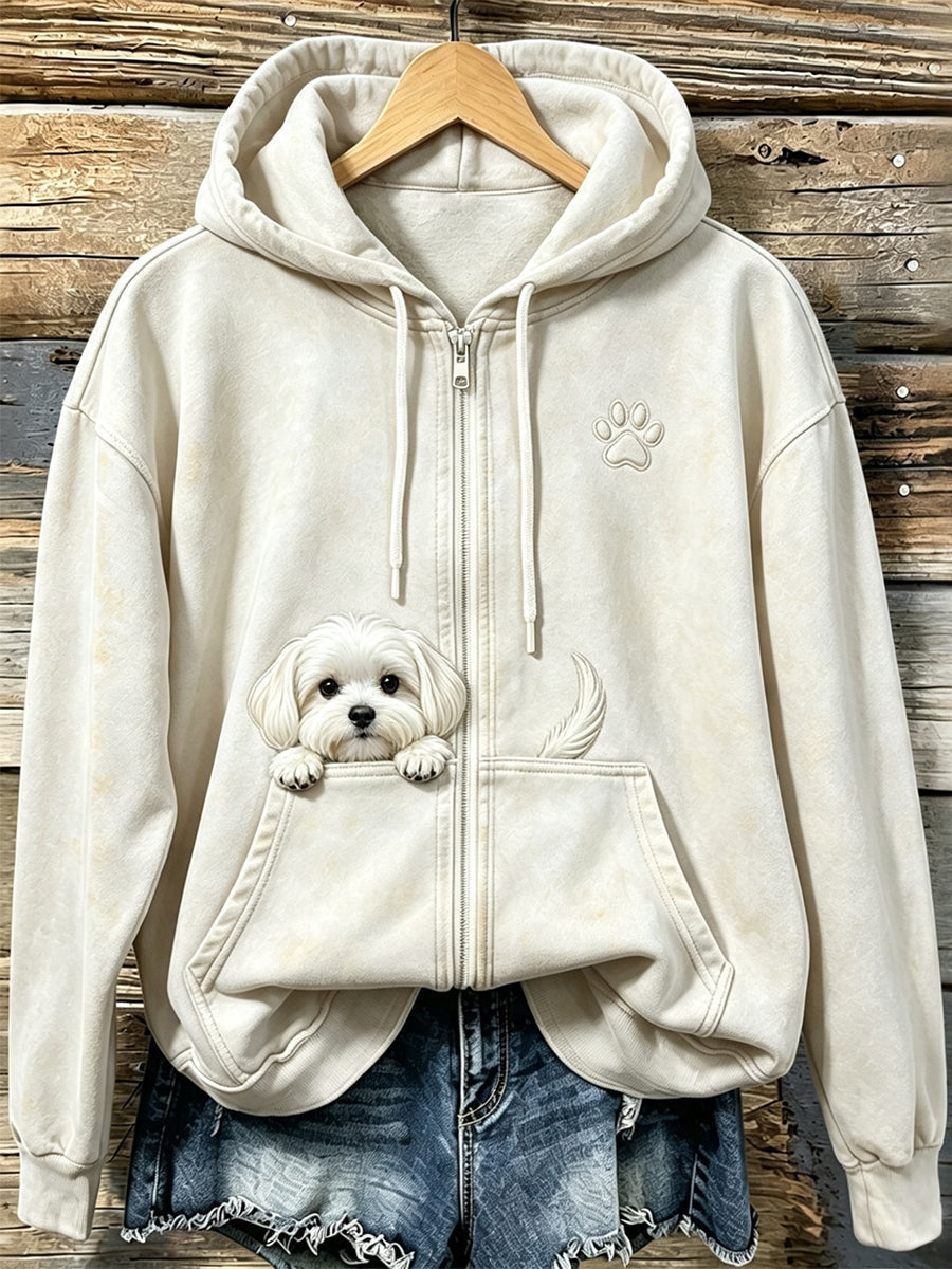 Cão maltês espreitar bonito das mulheres com pata impressão acolhedor Zip-Up Hoodie