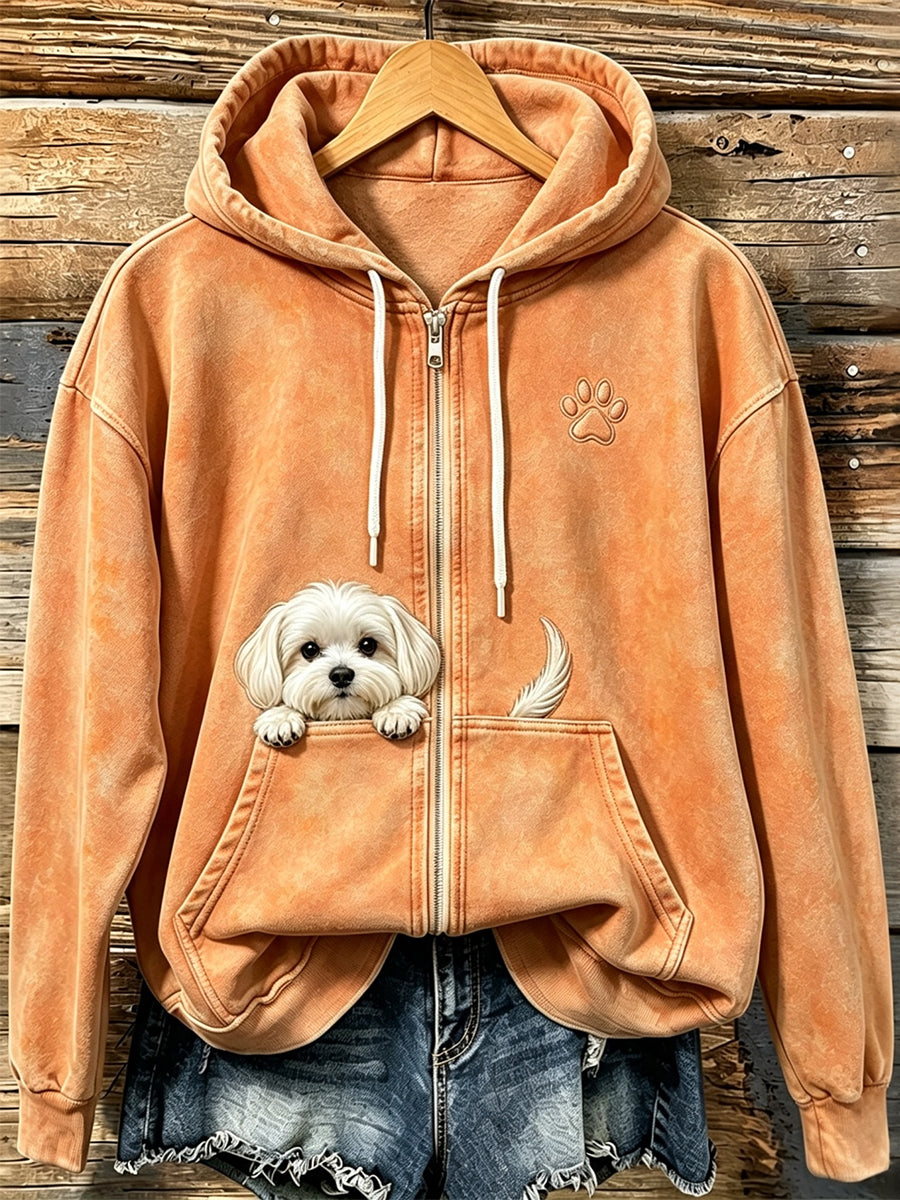 Cão maltês espreitar bonito das mulheres com pata impressão acolhedor Zip-Up Hoodie