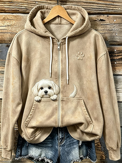 Cão maltês espreitar bonito das mulheres com pata impressão acolhedor Zip-Up Hoodie
