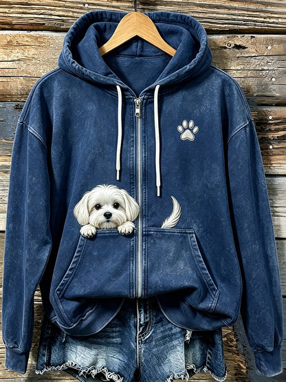 Cão maltês espreitar bonito das mulheres com pata impressão acolhedor Zip-Up Hoodie