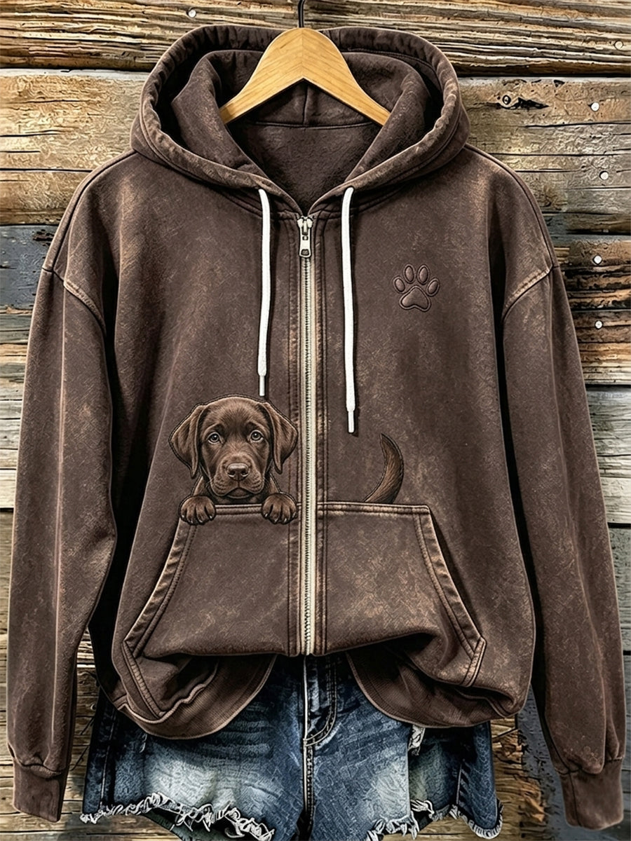 Chocolate Labrador & Paw Print Cozy Zip-Up Hoodie das mulheres
