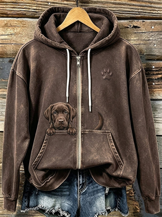 Chocolate Labrador & Paw Print Cozy Zip-Up Hoodie das mulheres