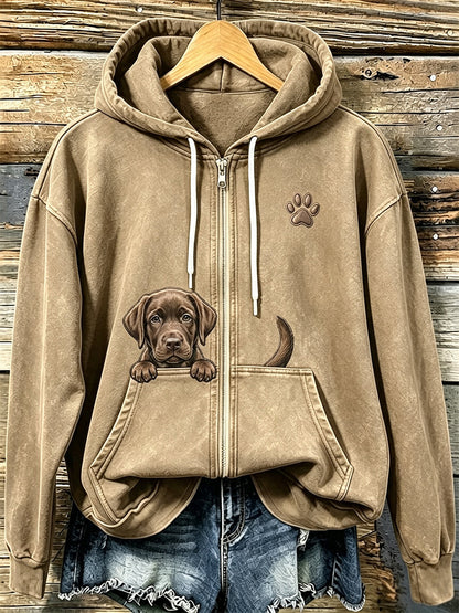 Chocolate Labrador & Paw Print Cozy Zip-Up Hoodie das mulheres