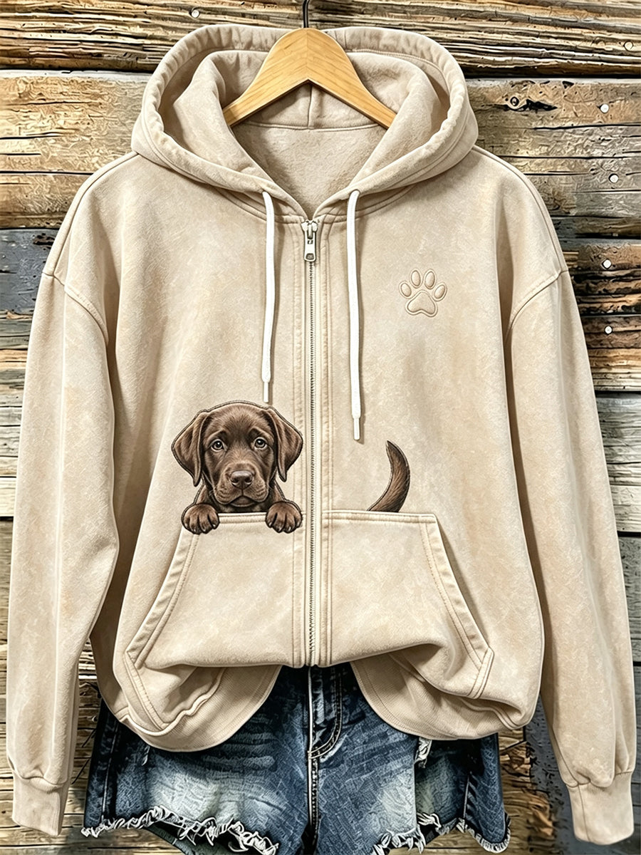 Chocolate Labrador & Paw Print Cozy Zip-Up Hoodie das mulheres