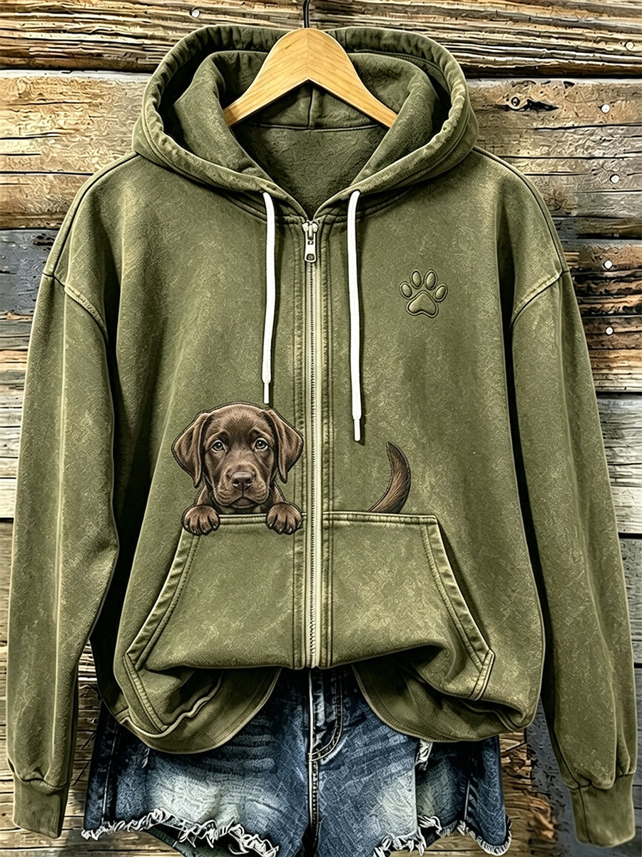 Chocolate Labrador & Paw Print Cozy Zip-Up Hoodie das mulheres