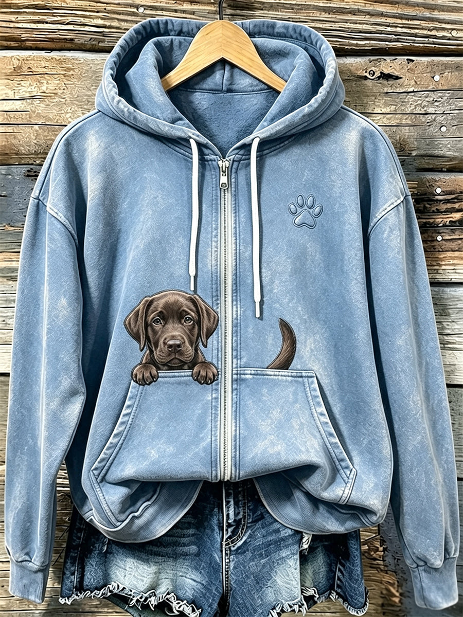 Chocolate Labrador & Paw Print Cozy Zip-Up Hoodie das mulheres