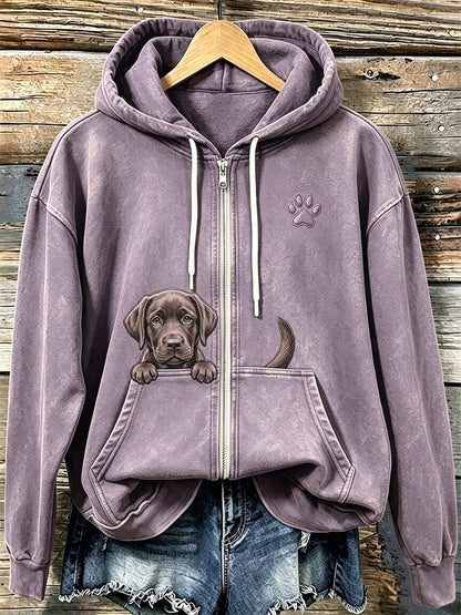 Chocolate Labrador & Paw Print Cozy Zip-Up Hoodie das mulheres