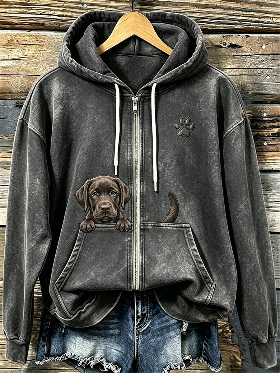 Chocolate Labrador & Paw Print Cozy Zip-Up Hoodie das mulheres
