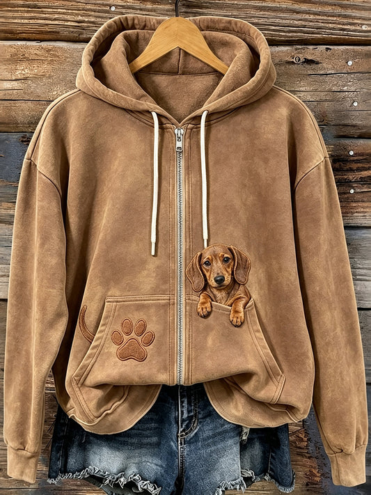Bonito espreitar o Dachshund Print Zip-Up Hoodie das mulheres
