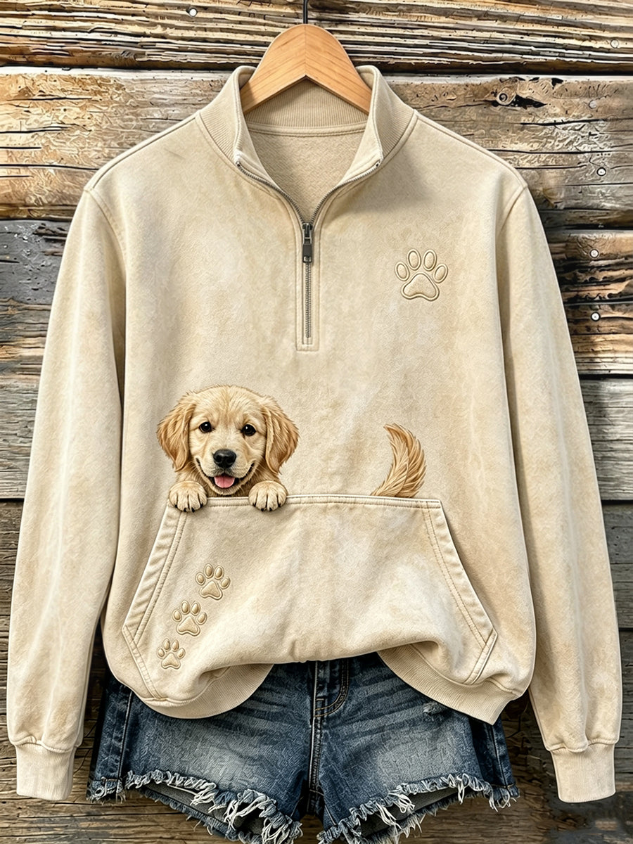 Moletom casual com zíper 1/4, estampa fofa de Golden Retriever espiando e pegadas, para mulheres
