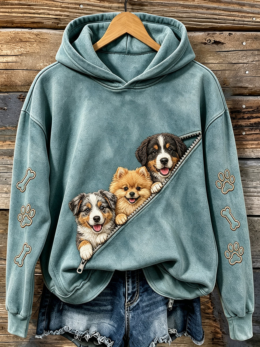 Moletom Confortável Feminino Vintage com Estampa Fofo de Cachorros Escondidos e Patinhas