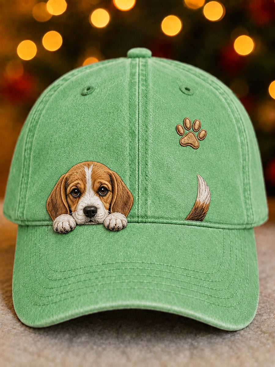 Boné unissex com desenho fofinho de um beagle espiando e estampa de pegada
