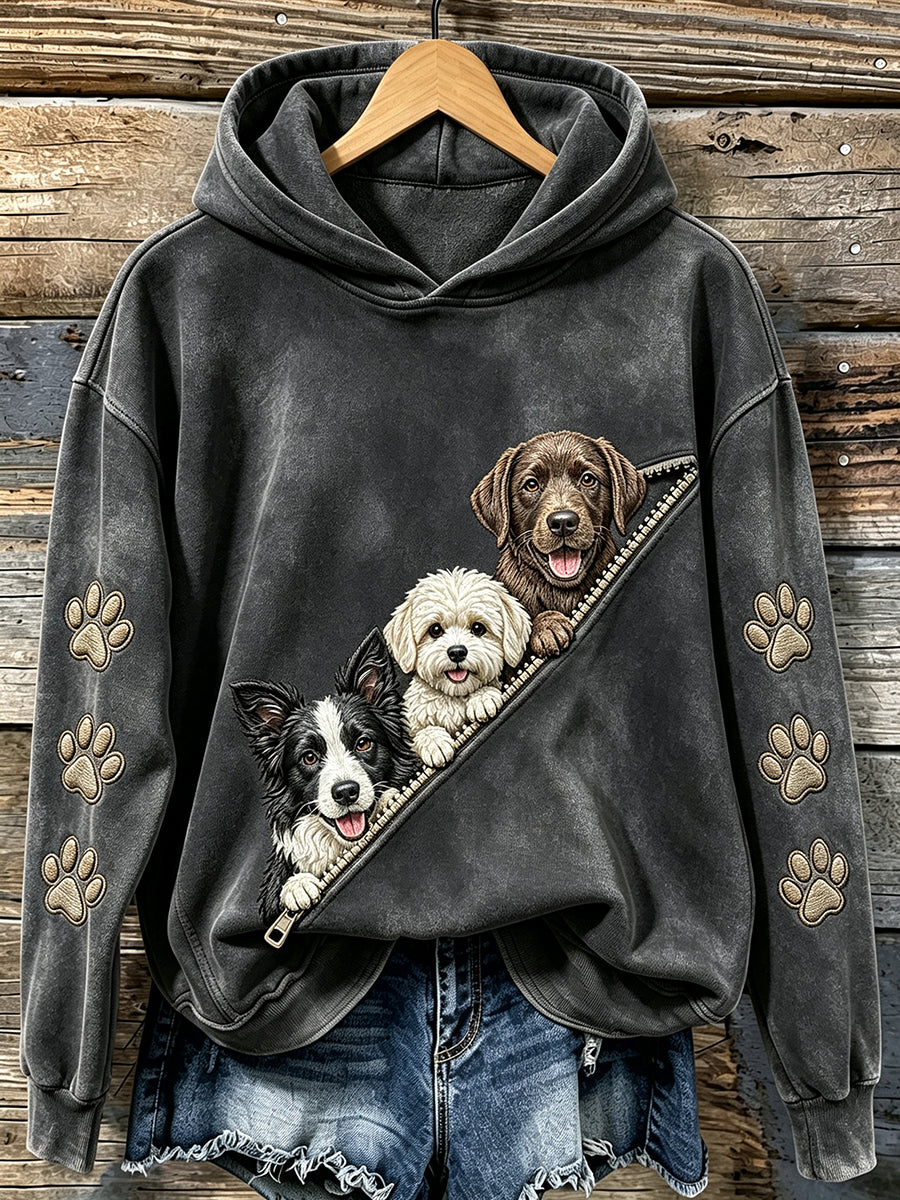 Moletom Confortável Feminino Vintage com Estampa Fofo de Cachorros Escondidos e Patinhas