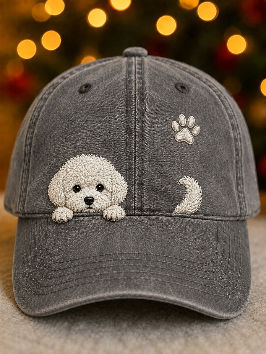 Boné unissex fofo com Bichon Frisé espiando e estampa de pegada