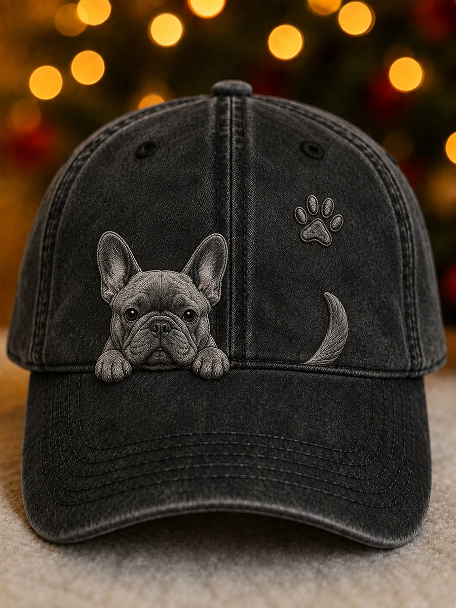 Boné unissex com desenho fofo de Buldogue Francês espiando e estampa de pegada