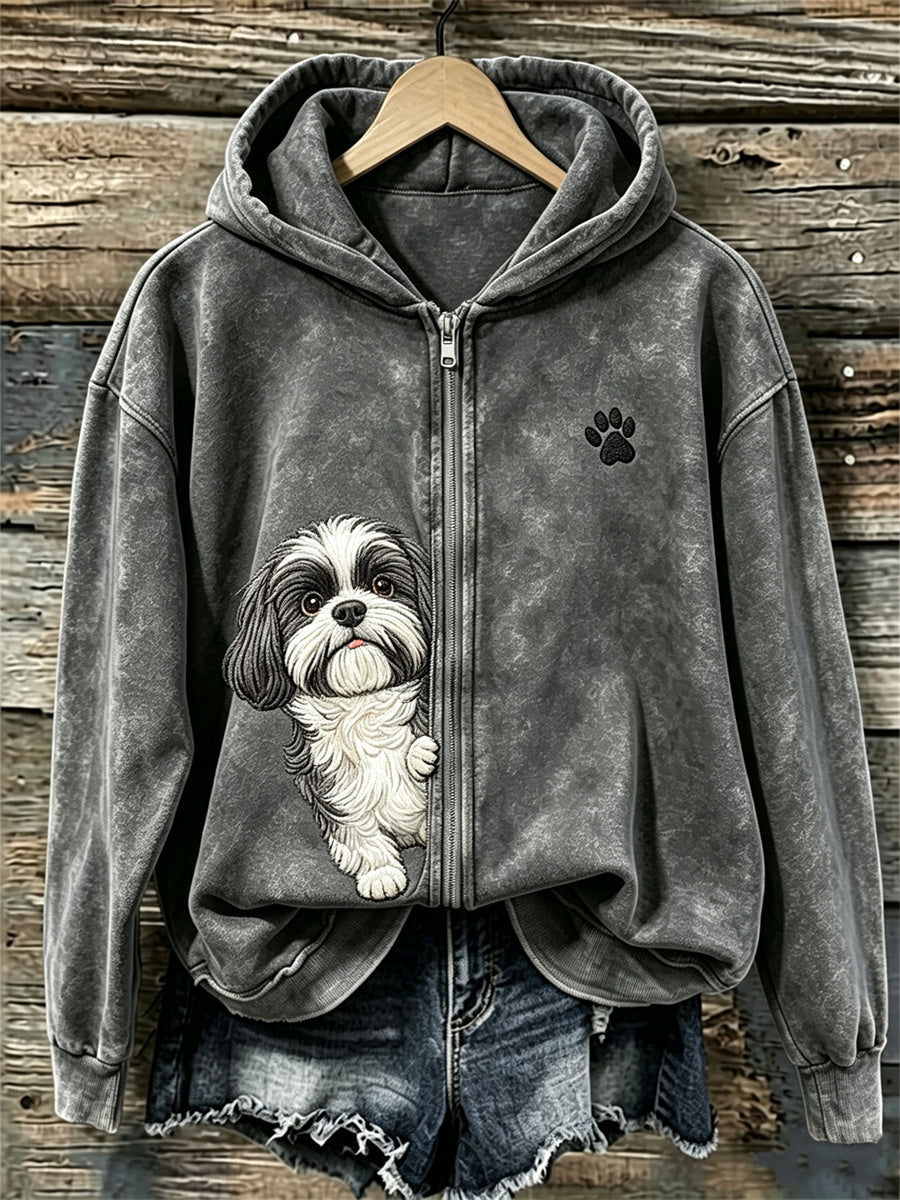 Cão de Shih Tzu do mulheres espreitando & pata imprime Zip completo Hoodie acolhedor