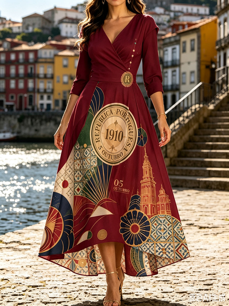 Vestido estampado feminino retrô comemorativo do Dia da República Portuguesa