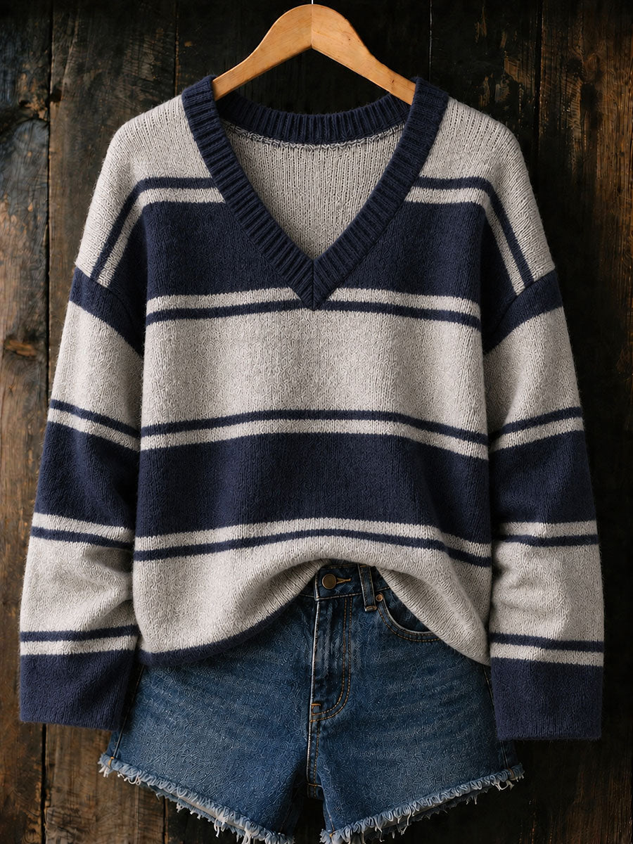 Outono/Inverno das mulheres listrado V-Neck Tops
