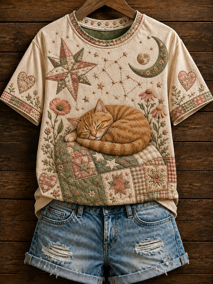 Camiseta Casual de Manga Curta com Estampa de Gato do Zodíaco Feminina
