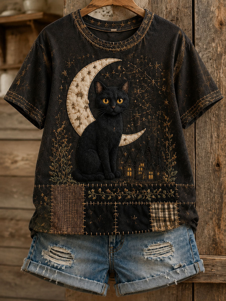 Gato da Lua Feminino Camiseta Casual de Manga Curta Estampada