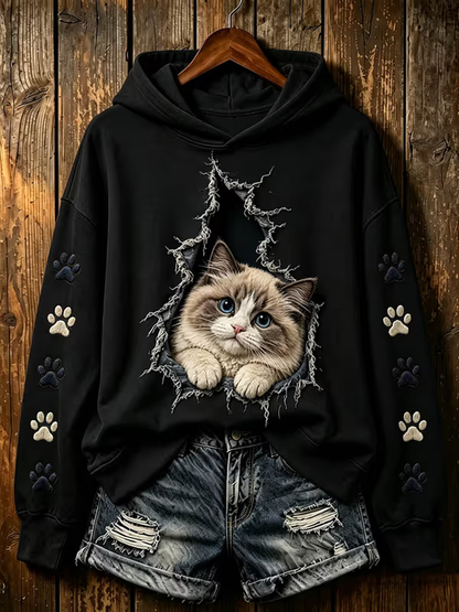 Gato bonito das mulheres impresso camisola regular