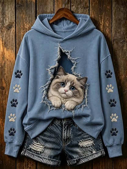 Gato bonito das mulheres impresso camisola regular