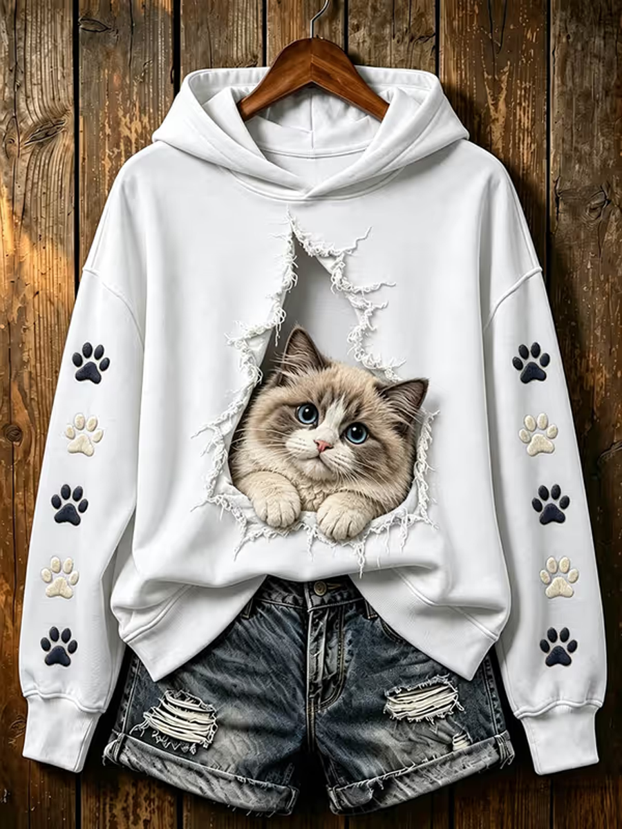 Gato bonito das mulheres impresso camisola regular