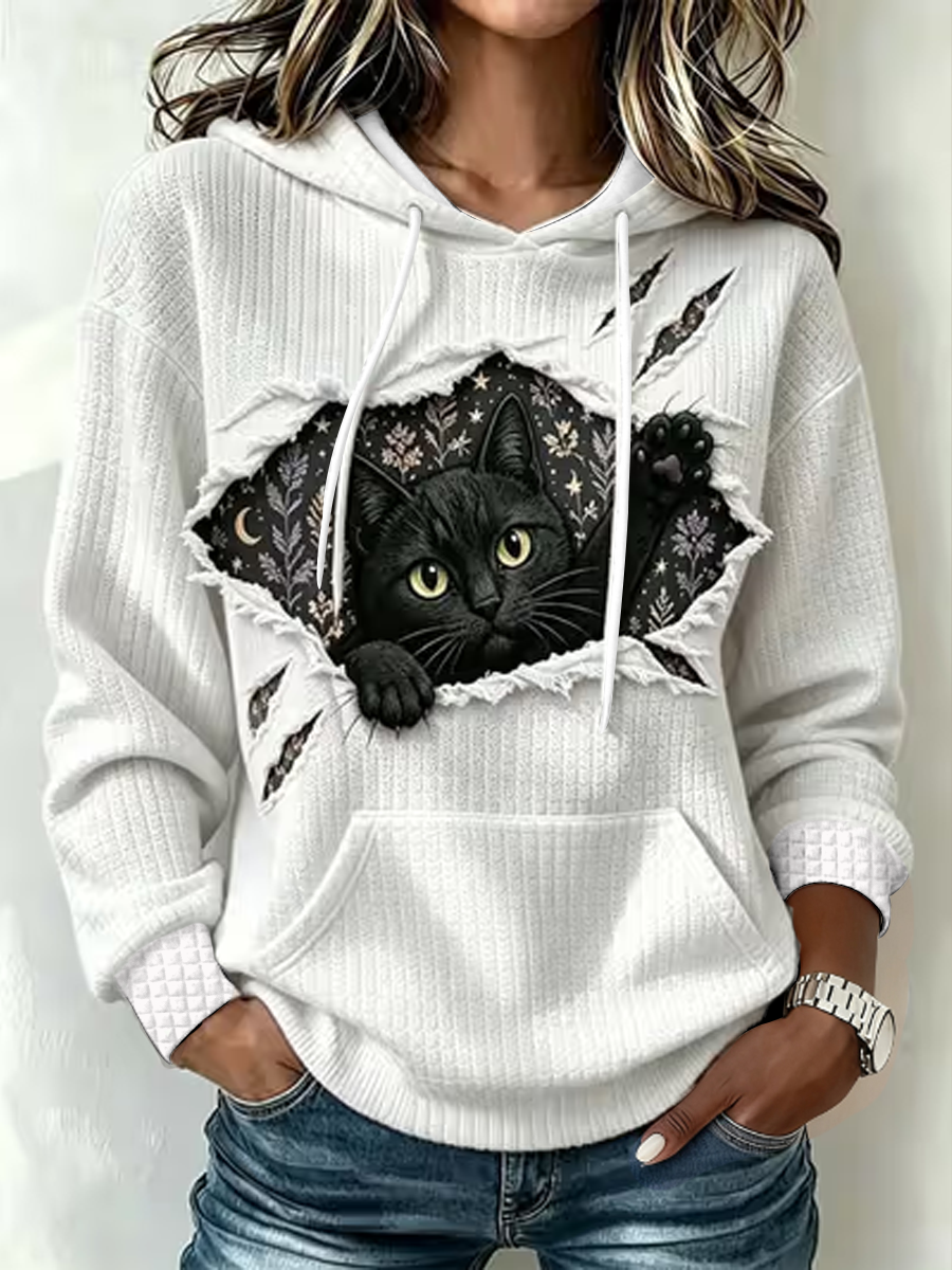 Gato bonito das mulheres impresso moletom com capuz de grande porte