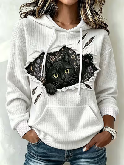 Gato bonito das mulheres impresso moletom com capuz de grande porte